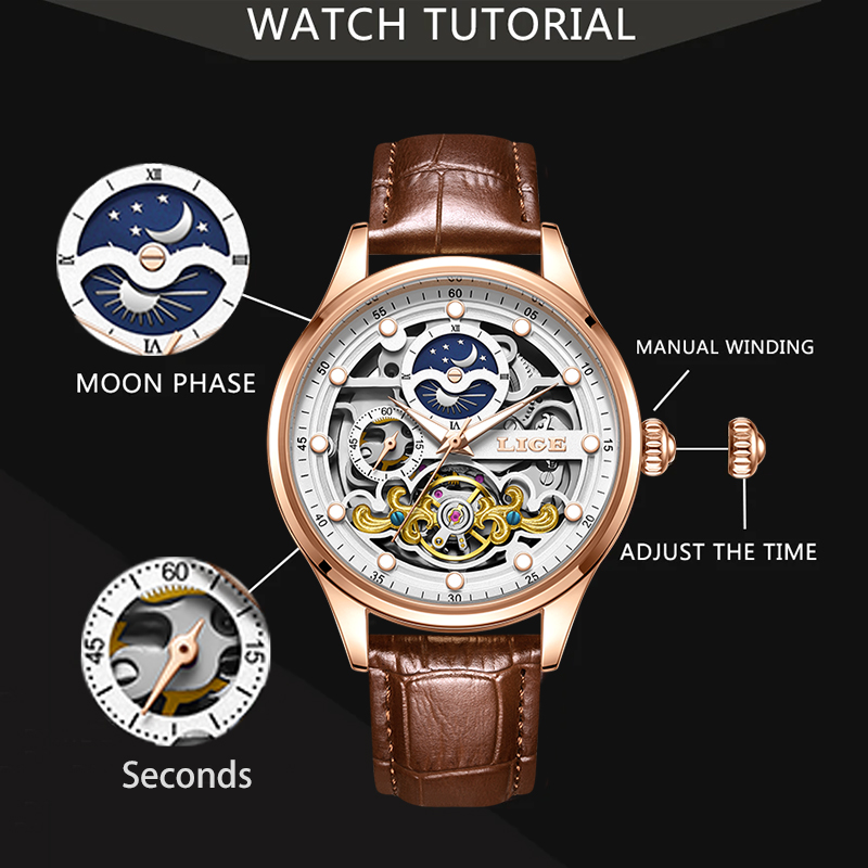 LIGE Jam Tangan Mekanis Pria S - Luxury Watch Leather ulasan dan harga